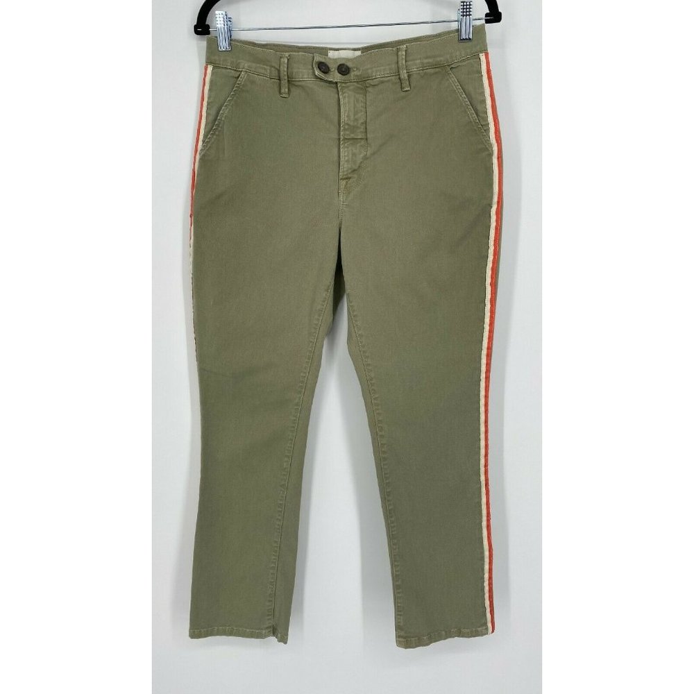 FRAME Le Beau Duo Tape Slim Chino Pants Size 28 Stretch Crop Side Stripe Green